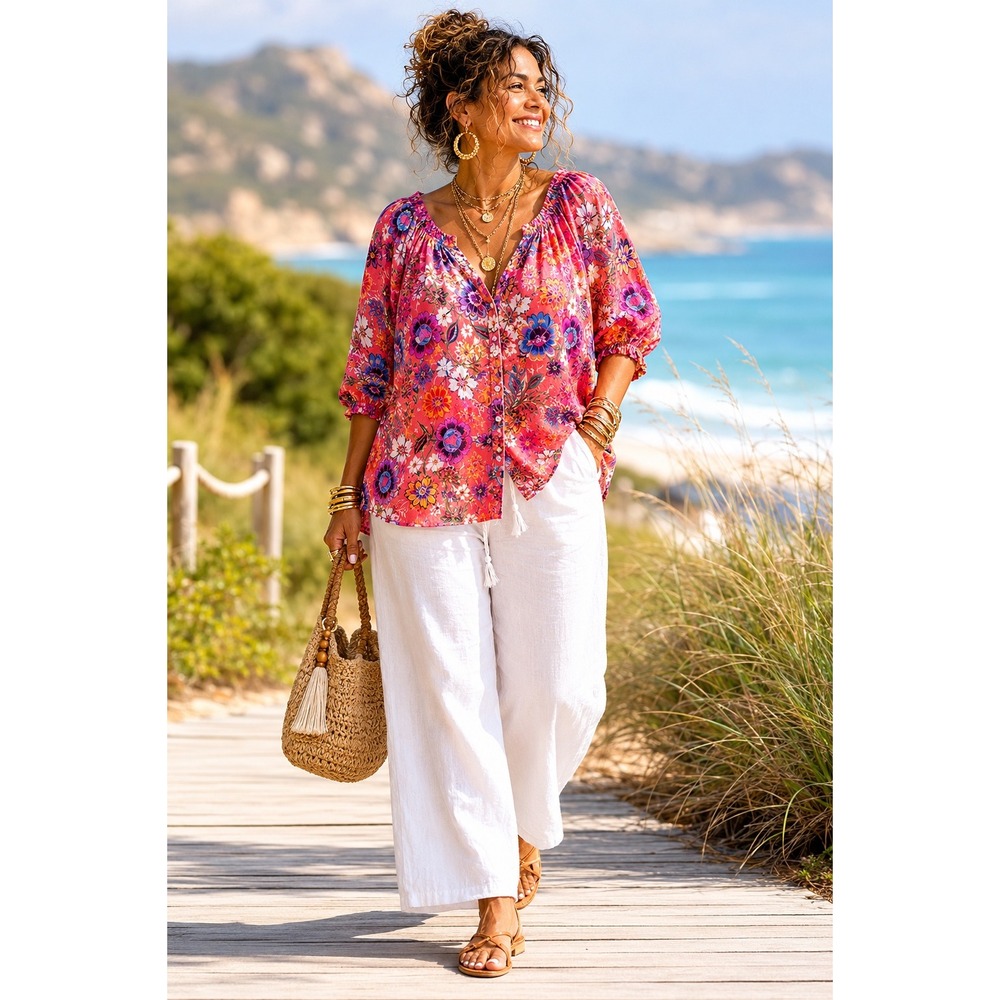 Liverpool Los Angeles Pink Floral Paisley Puff Sleeve Blouse 1X New